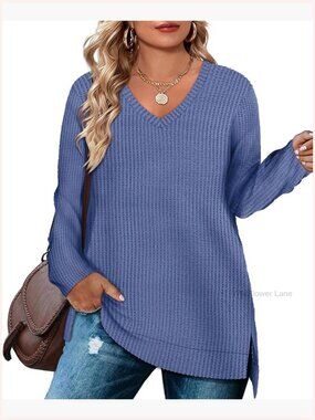 Plus Size Waffle Knit Pullover Sweater Long Sleeve Crewneck Loose Split Hem Top